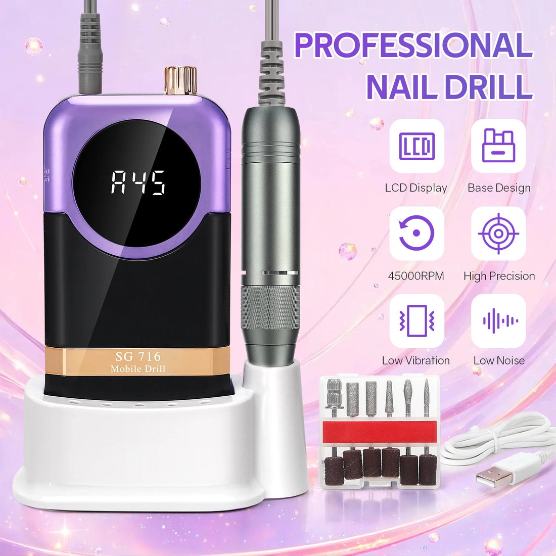 DianaBeauty 45000RPM Rechargeable Nail Drill Machine Desktop Polishing Machine Electric Nail File 1800mAh Battery Nail Tools