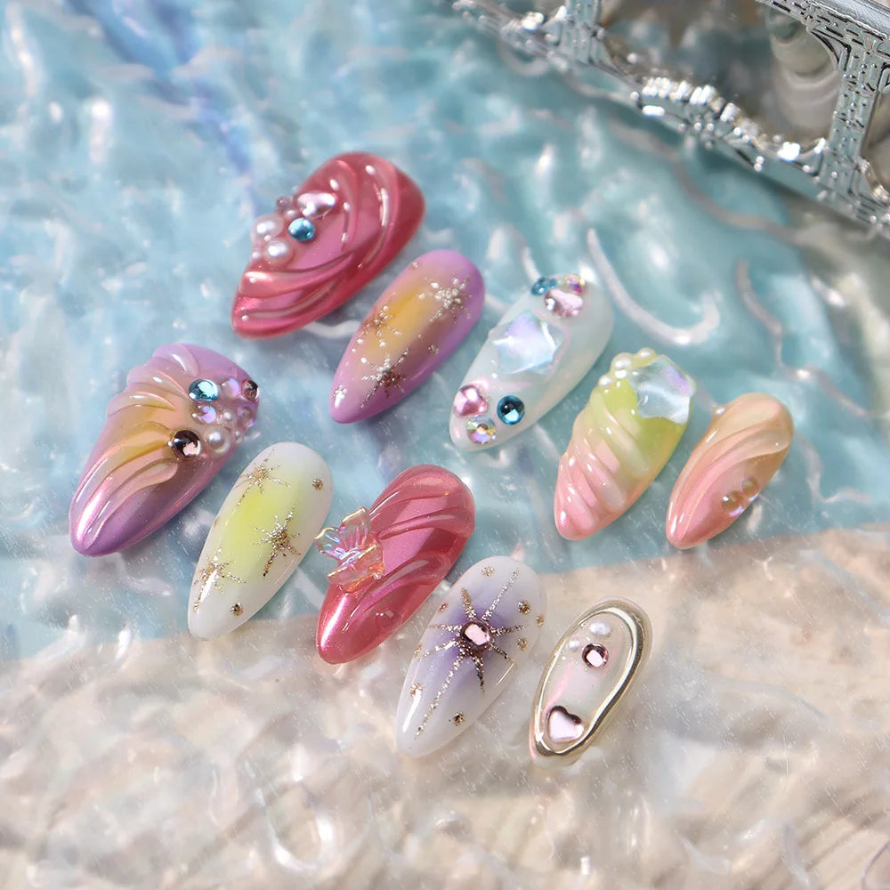 10pcs Handmade Press On Nails 3D Colorful Summer Sea Starfish Designs False Nail Patches For Women  Wearable Almond Fake Nails