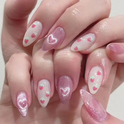 24Pcs Simple Glitter Almond False Nails with Glue Ballerina Nail Design Sweet Cool French Detachable Press on Nail Manicure Tips