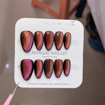 10pcs/bag Short Almonds Handmade Press On Nails Black Silver Moonlight Cat Magnetic Detachable False Nails