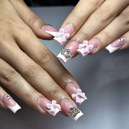 24Pcs Mid-length French Pink Square Head Press on False Nails Flash Drill Wearable Finished Manicure Full Cover Nail Tips