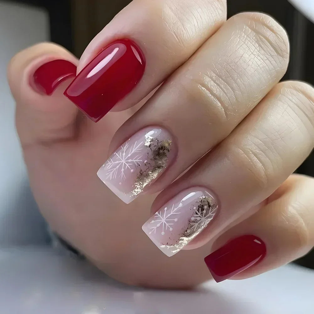 24Pcs Short Solid Color Wine Red Fake Nail Tips with Glue Glitter Square/round Head False Nails Wearable Ballet Press on Nails