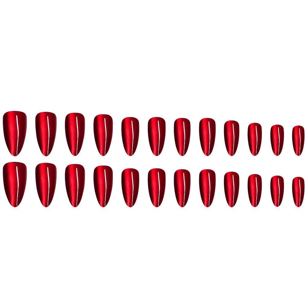 24pcs Glossy Red Cat's Eye Press On Nails Full Cover Nude Color Wearable Almond False Nails Charms Detachable Fake Nail For Girl