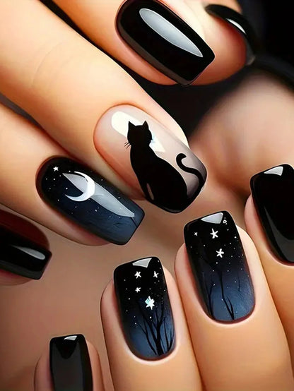 24PCS Design Short Square Shiny Black Cat Acrylic Fake Nail Glue And Blue Gradient Paste Suitable For Women And Girls