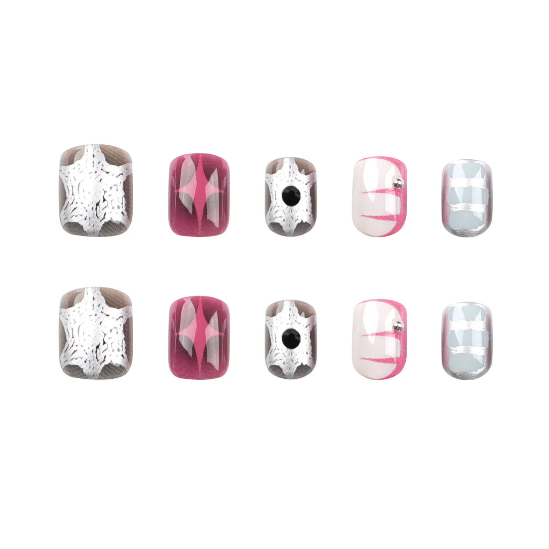 Wearable Stars Y2k Nails Press On Short Square 24pcs Fake Nails Silver Stripes False Nails Decoration Glitter Nail Tips Finished