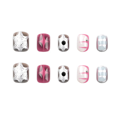Wearable Stars Y2k Nails Press On Short Square 24pcs Fake Nails Silver Stripes False Nails Decoration Glitter Nail Tips Finished