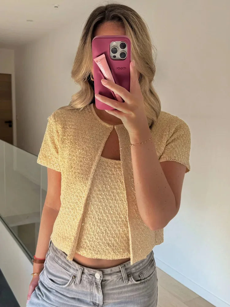 UNIZERA Fashion Temperament Sequin Knitted Jacket + Knitted Camisole Top Women's Clothing 2025 Summer New Products Set
