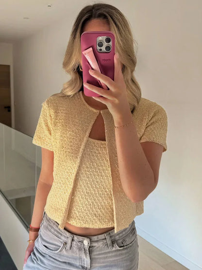 UNIZERA Fashion Temperament Sequin Knitted Jacket + Knitted Camisole Top Women's Clothing 2025 Summer New Products Set