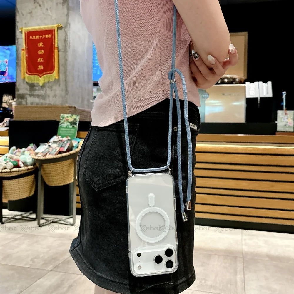 Crossbody Lanyard Necklace Rope Clear Case For iPhone 13 14 Plus 15 16 17 Pro Max For Magsafe Magnetic Wireless Charging Cover