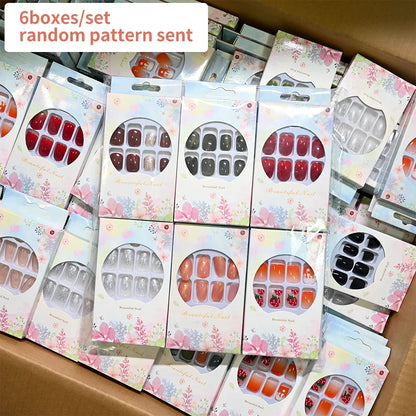 6 Boxes/set Press On Nails Full Cover Sweet Pink Red Short Round Head False Nails Manicure Wearable Nail Tips with Jelly Gel