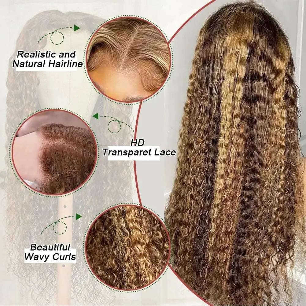 Curly 360 Lace Front Wigs Human Hair Pre Plucked P4/27 Highlight Ombre Deep Wave HD Lace Frontal Human Hair Wig With Drawstring