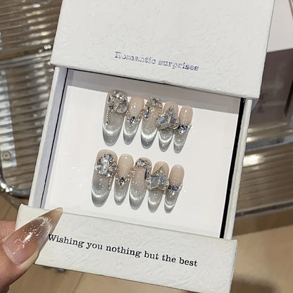 10pcs high-end Diamond-encrusted cat's eye French style handmade fake nails, Long nail decorative patches with a light luxury st