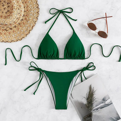 Bikini three-point swimsuit sexy drawstring strap halter bikini solid color lace-up split swimsuit