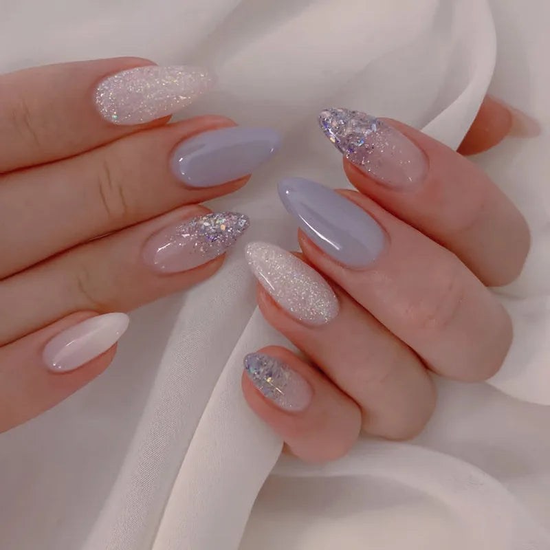 24Pcs Simple Glitter Almond False Nails with Glue Ballerina Nail Design Sweet Cool French Detachable Press on Nail Manicure Tips