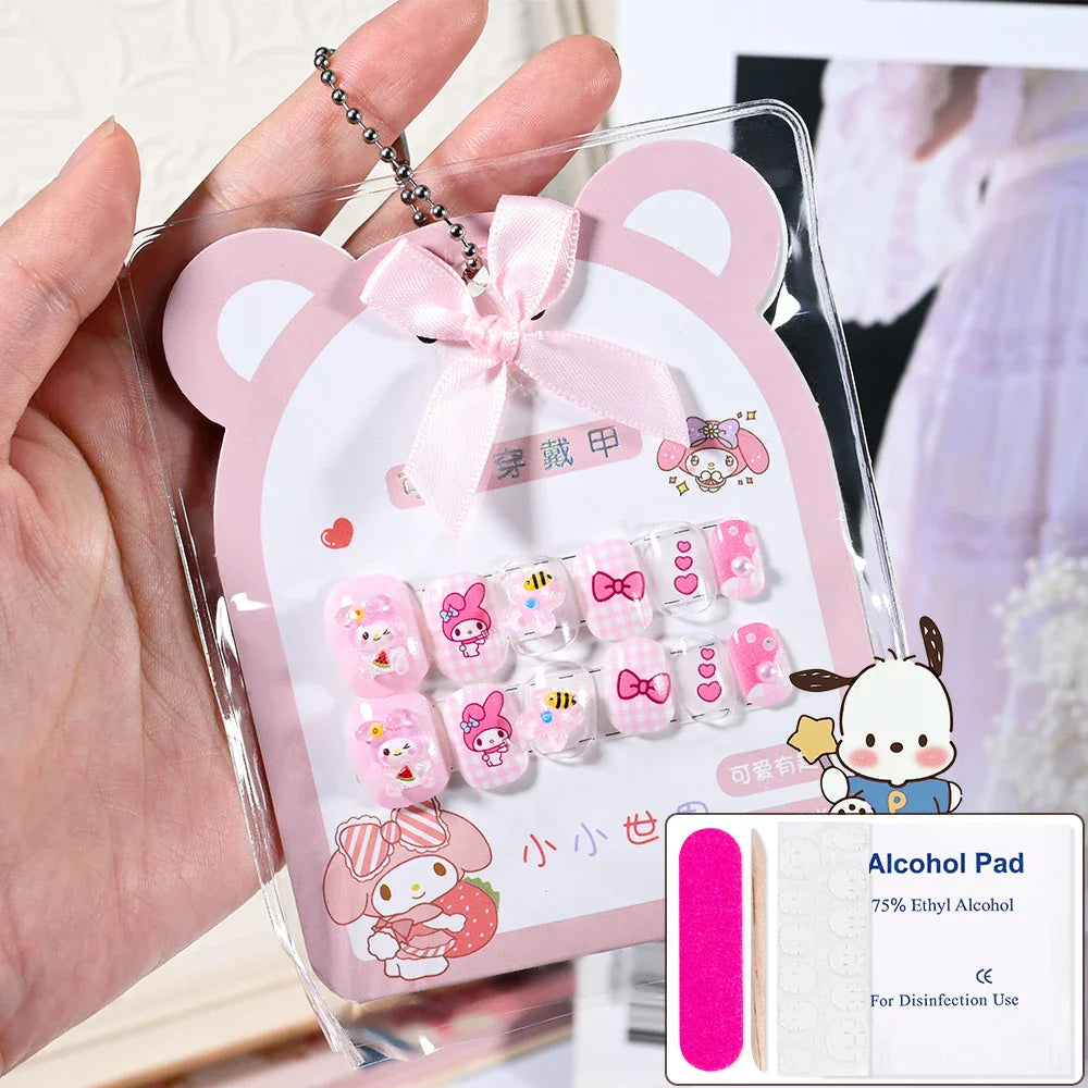 12pcs Kids 3D Stereo Sanrio Fake Nails Patch Sweet Girls Cute Cartoon Hello Kitty press on nails Kuromi Child Wearable FalseNail