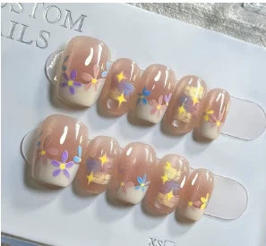 10Pcs/Set Press On Acyrlic Ice Cat's Eye Handmade Fake Nails Short/Medium Almond 3D Mirror Flower Pearls Decor Nude French Nails