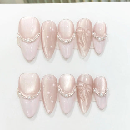 10pcs Purple Cat's Eye Handmade Fake Nails Tips Glitter Mid-length Oval Press on Nails Art Bow Rhinestone Design False Nail Sets
