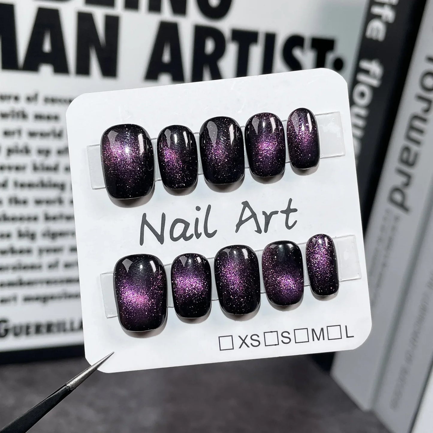 10Pcs Short Ballerina Handmade Press on Nails Blue Cat Eye Fake Nails Wearable Stick-on Nails Full Cover False Nail Uñas 네일팁