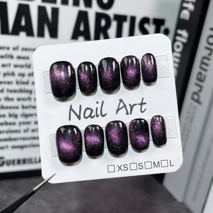 10Pcs Short Ballerina Handmade Press on Nails Blue Cat Eye Fake Nails Wearable Stick-on Nails Full Cover False Nail Uñas 네일팁
