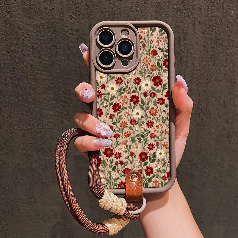 Cute Flower Pattern Lanyard Strap Rope Phone Case For iPhone 16 17 Pro Max 11 12 13 14 15 16E XS X XR 7 Plus Silicone Soft Cover