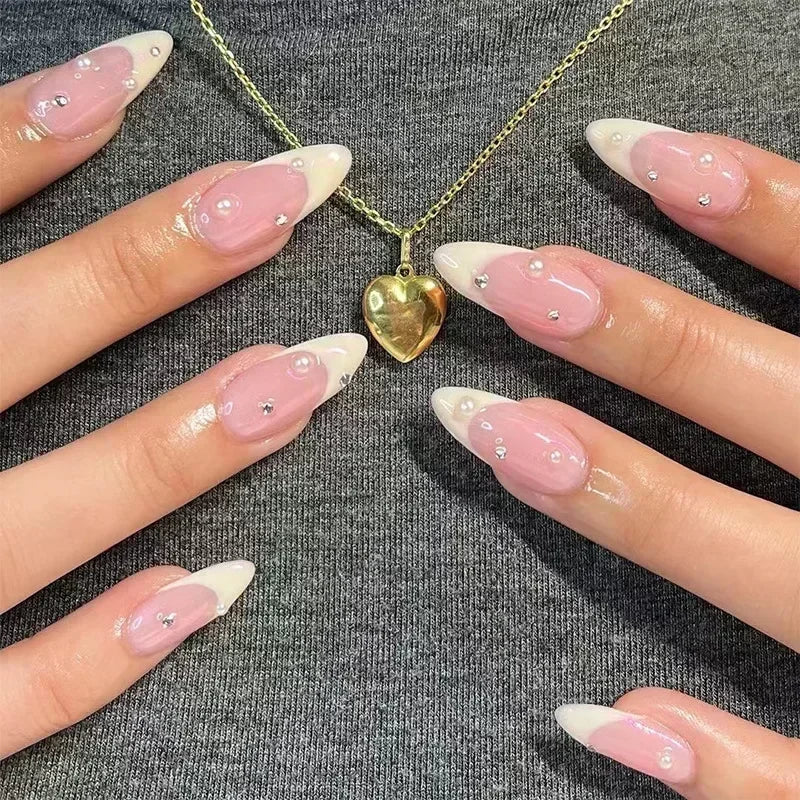 24Pcs Stiletto Press on Nails Glitter Almond False Nails French Tip Fake Nails with Glue Detachable Full Cover Acrylic Nail Tips