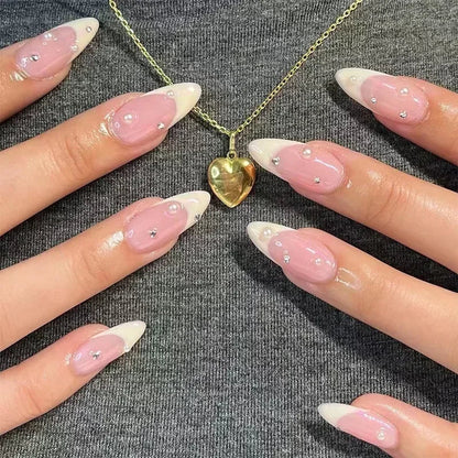 24Pcs Stiletto Press on Nails Glitter Almond False Nails French Tip Fake Nails with Glue Detachable Full Cover Acrylic Nail Tips