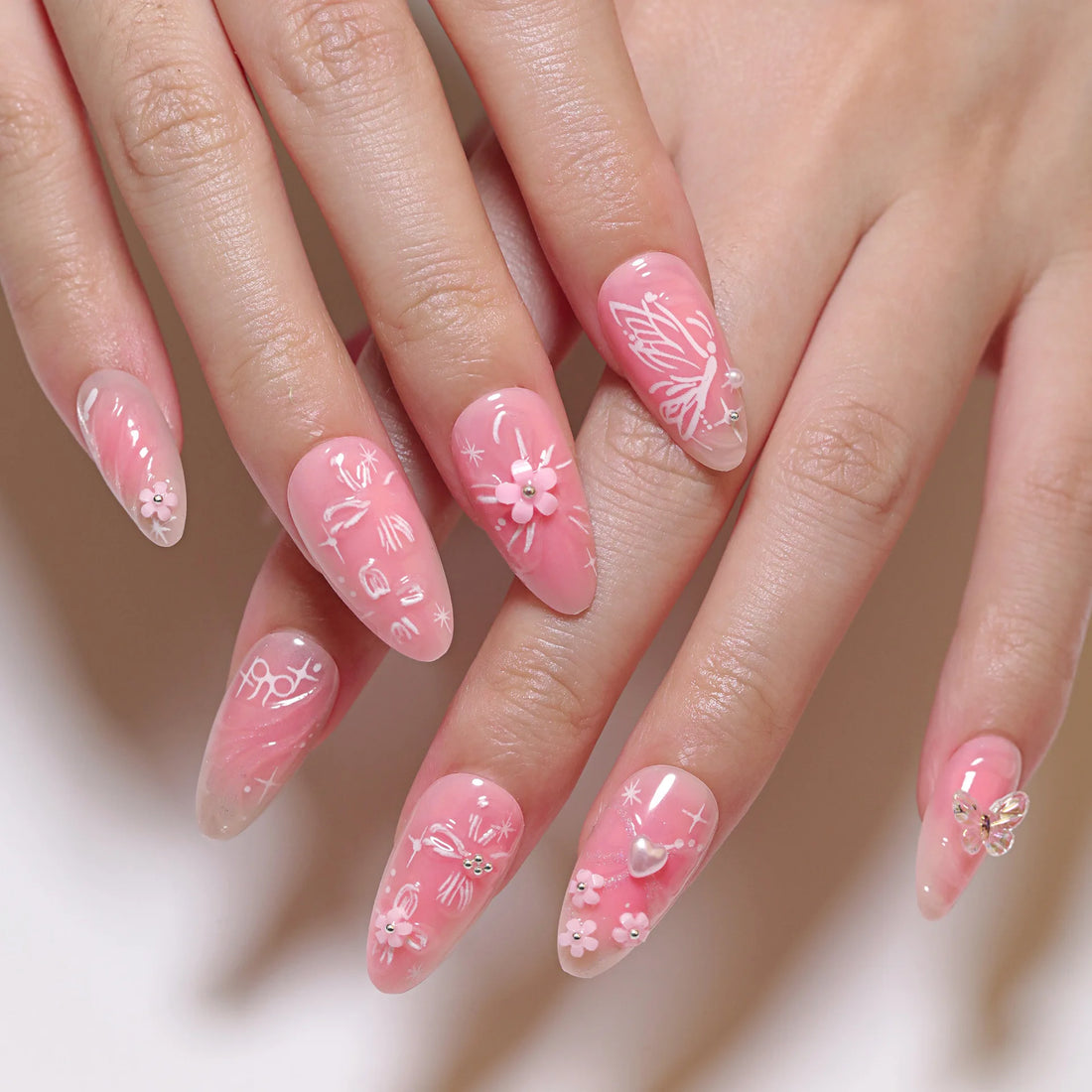 24pcs Sweet Pink Fake Nail Patches Blush 3D Bows Flower Pearl Buttertfly Press On Nails Wearable Almond Korean False Nail Tips