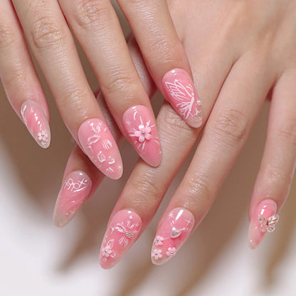 24pcs Sweet Pink Fake Nail Patches Blush 3D Bows Flower Pearl Buttertfly Press On Nails Wearable Almond Korean False Nail Tips