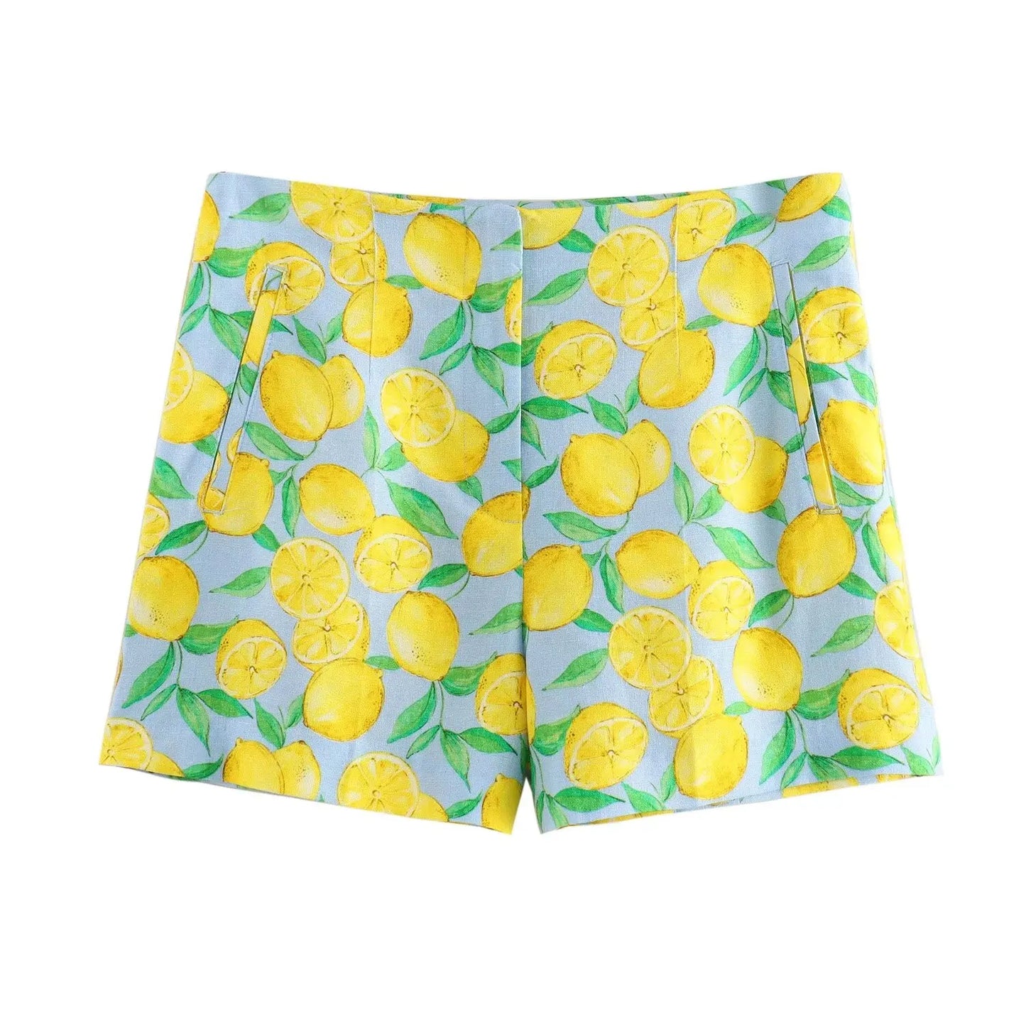 2024 Women Yellow Lemon Print Casual Shorts Y2k Woman Fashion Summer High Waist Zipper Slim Shorts For Beach Party