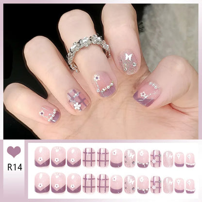 24pcs Bowknots Love Heart Pattern Press On Nails Cute Fresh Short Round French Style False Nails Korean Sweet Wearable Fake Nail