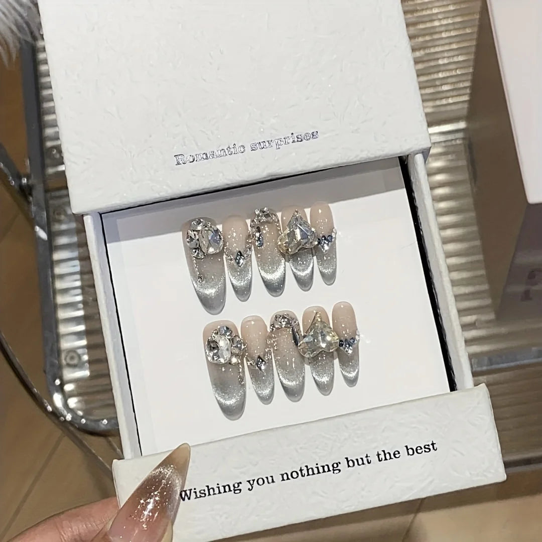 10pcs high-end Diamond-encrusted cat's eye French style handmade fake nails, Long nail decorative patches with a light luxury st