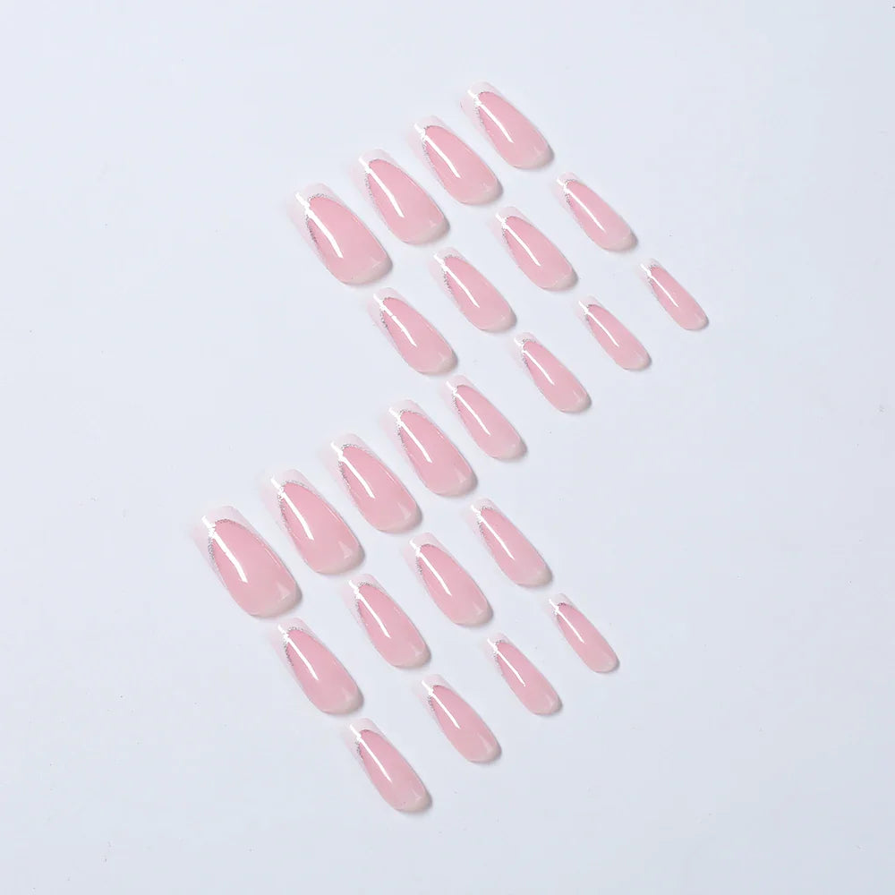 24Pcs Short Square Coffin False Nails French Glitter Wearable Fake Nails Acrylic Full Cover Women Ballet Press on Nails Tips