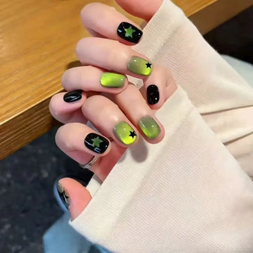 10pcs Handmade Press on Nails Short Oval Star Green Apple Cat's Eye False Nail for Women&Girls Detachable Wearable Fake Nail
