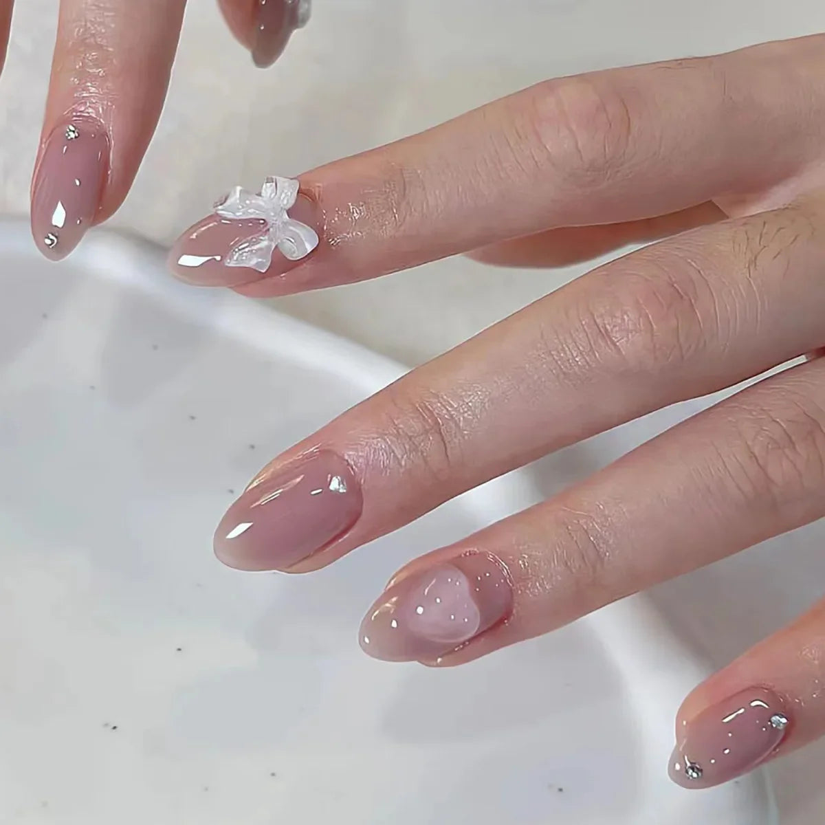 24pcs French Almond Press on Nails Flower False Nails Wearable Stick-on Nails Fake Nail Uñas Postizas Mujer Накладные Ногти 네일팁