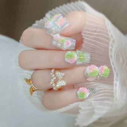 Blush Pink False Nails Bowknot Diamond Pearl 3D Design Press on Nail Tips with Harmless Smooth Edge Nails Woman DIY Fake Nails