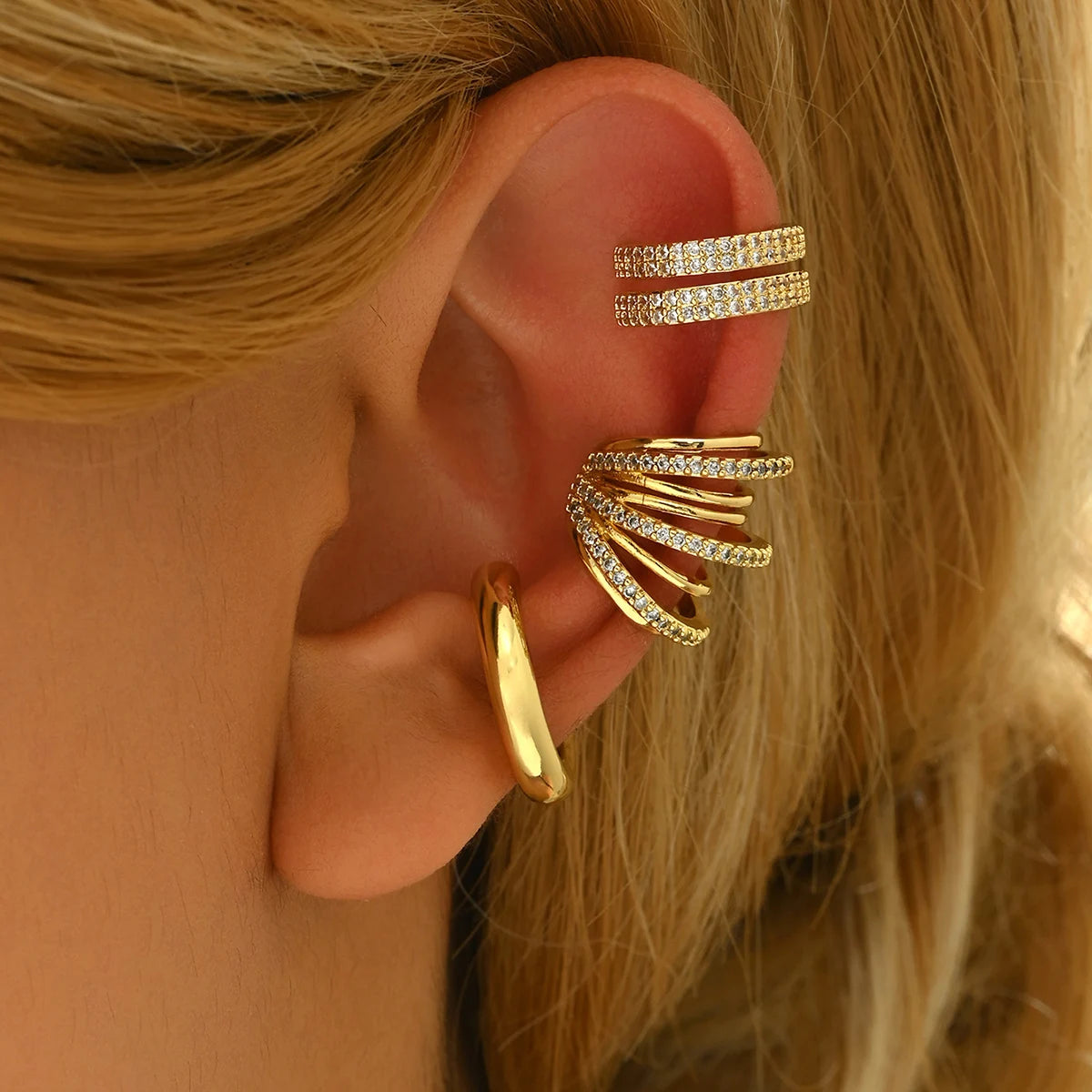 3 Pcs Zircon Korean Wave Multilayer Geometry Ear Cuff Clip on Earrings For Women Without Piercing Non-pierced Jewelry Hot