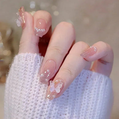 24Pcs Short Ballerina False Nail Tips with Pearl Detachable French Fake Nails Pink Cute Full Cover Press on Nails Manicure Tools