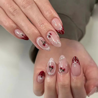 24pcs French Almond Press on Nails Flower False Nails Wearable Stick-on Nails Fake Nail Uñas Postizas Mujer Накладные Ногти 네일팁