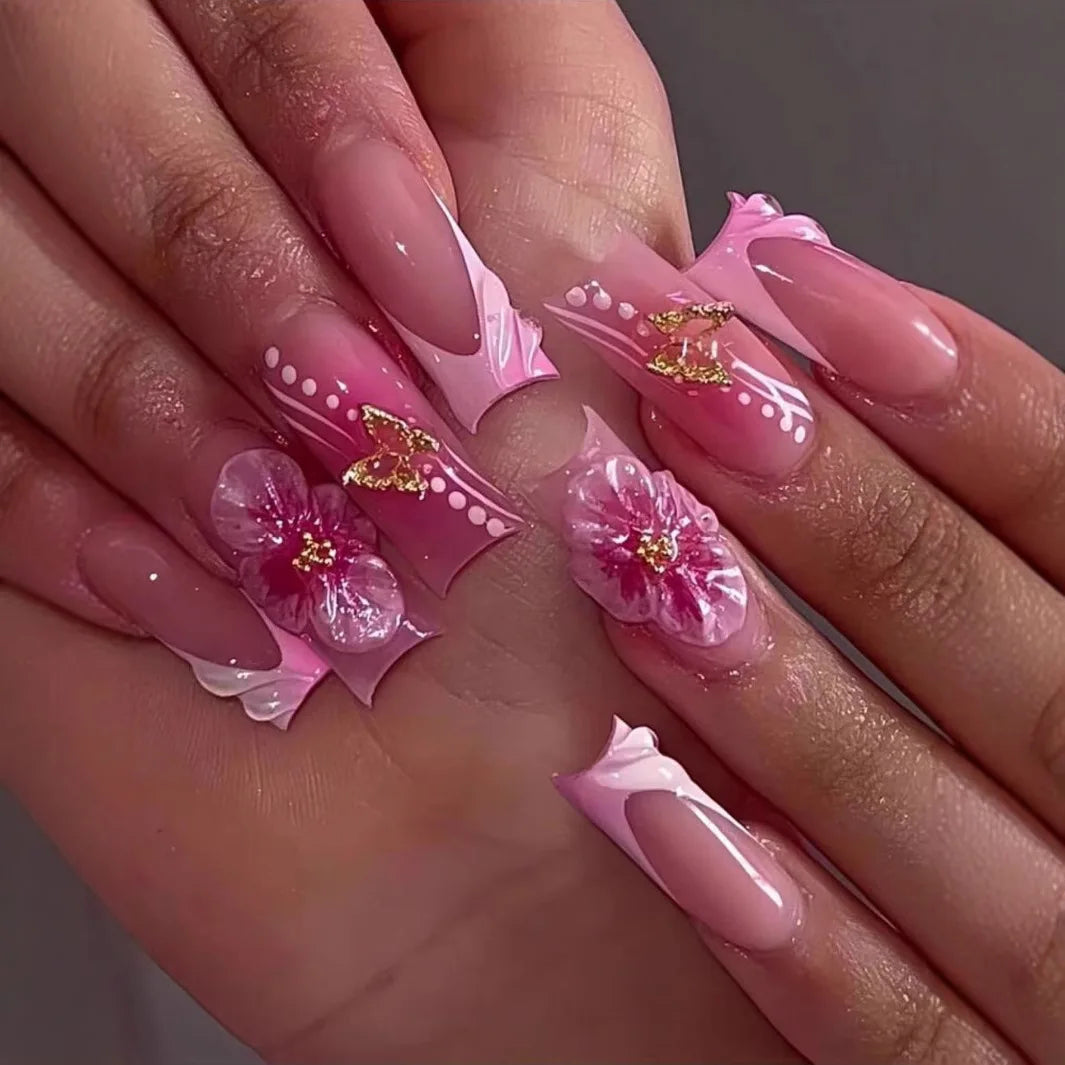24pcs Mid-length Press on Nails Pink French Full Cover Flower Design Fake Nail Reusable Pearl False Nail with Jelly Glue Nails