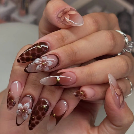 24pcs Retro Almond Press On Nails Brown Marble Cracks Ice Flower Printed False Nails European Wearable French Style Fake Nail