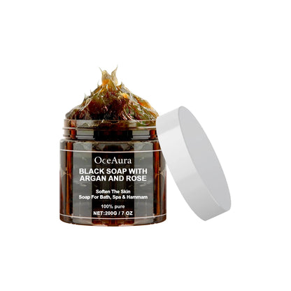 OCEAURA 200g Black Soap With Argan And Rose lack Beldi Soap Ideal For Dead Skin Remover Body Scrub Purifying Deep Cleansing