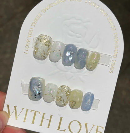 10Pcs Handmade Press on Nails Sweet Cute Fruit Full Cover Butterfly Rhinestone Short Square Ballerina Wearable Fake Nails Tips
