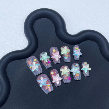 10pcs/set Handmade Press-On Nails - Blue Glossy Fish & Bubbles Design Short Oval Fake Nails with Cat Eye Effect False Nails