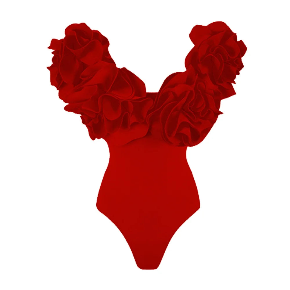 2025 Solid Red Flower One Piece Swimsuit Luxury Women Swimwear Sexy Swim Suit Deep V Monokini Off Shoulder Bodysuit Bathingsuit