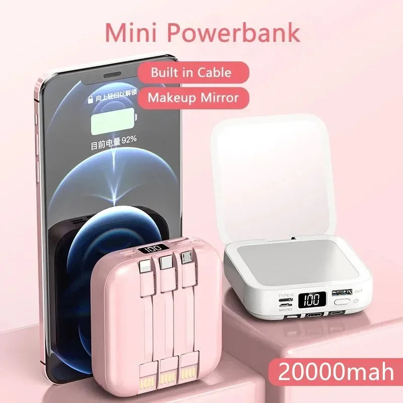 20000mAh Power Bank with Makeup Mirror Detachable Digital Display External Battery Built in Cable for iPhone Samsung