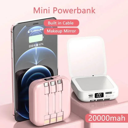 20000mAh Power Bank with Makeup Mirror Detachable Digital Display External Battery Built in Cable for iPhone Samsung