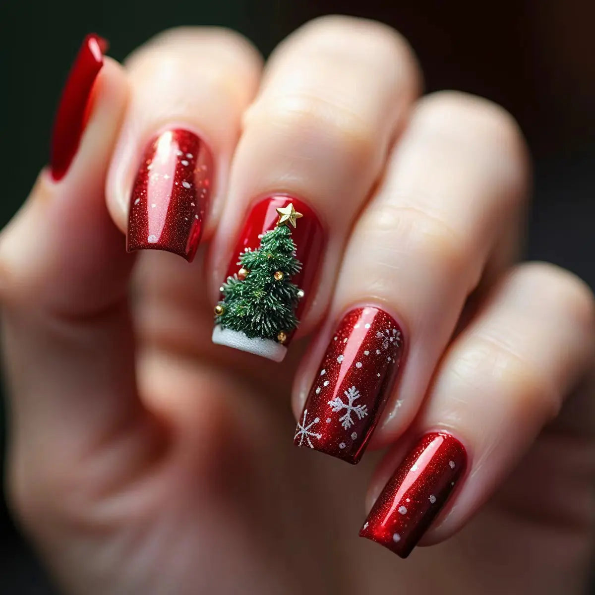 24pcs Christmas Red Coffin Press on Nails Winter Snowflake Deer Print False Nails Wearable Detachable European Fake Nail Tips