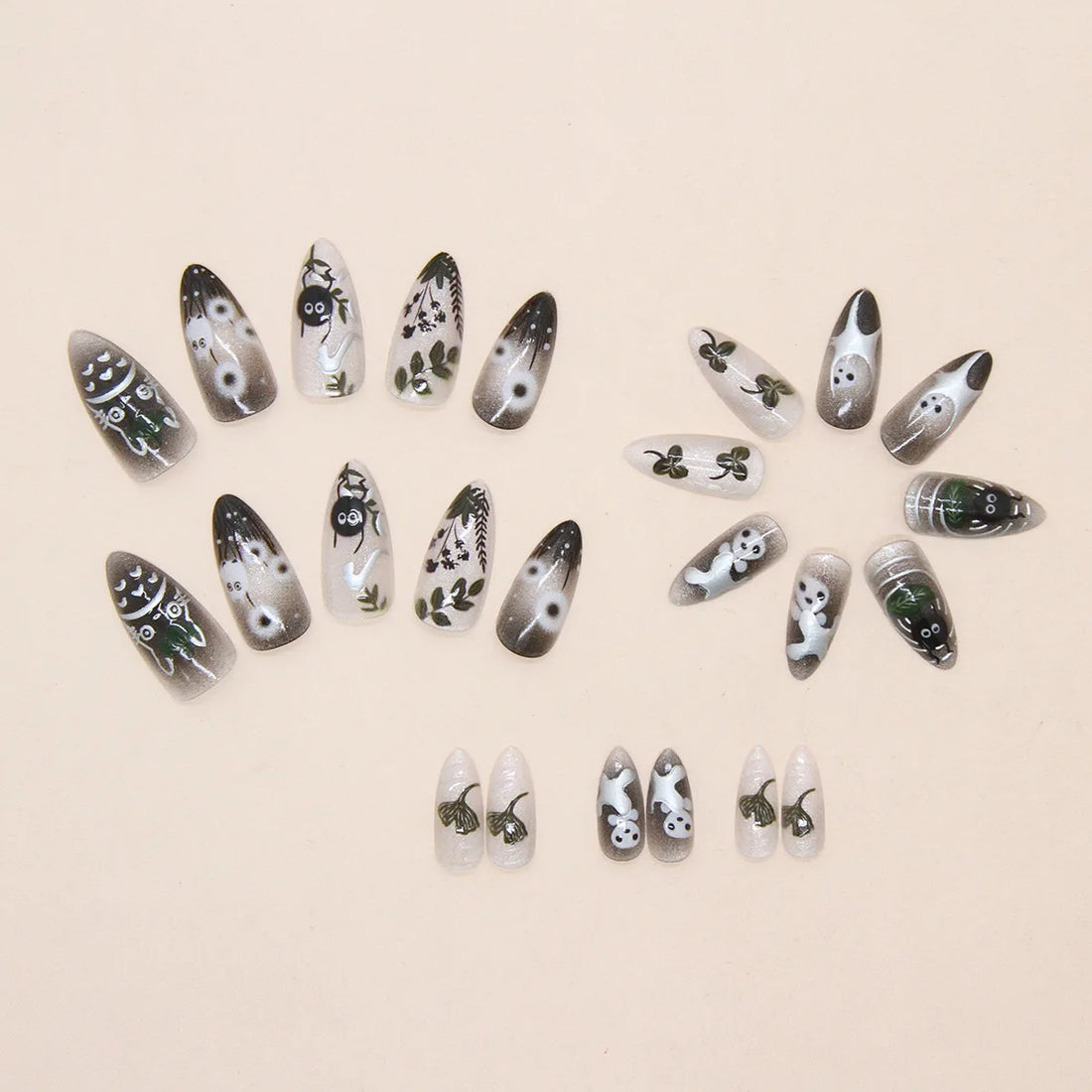 24pcs Gradient Black False Nails Cute Cartoon Cat's Eye Forest Elf Girl Press On Nails Glossy Almond Sweet Cool Fake Nail Tips