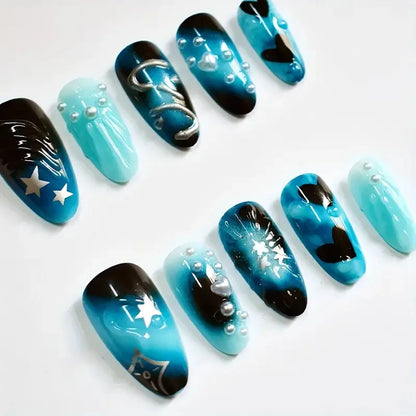 10pcs Handmade Press on Nails Cartoon Shark Pattern Design Fake Nails Wearable Detachable Ins Simple Almond Shaped False Nails