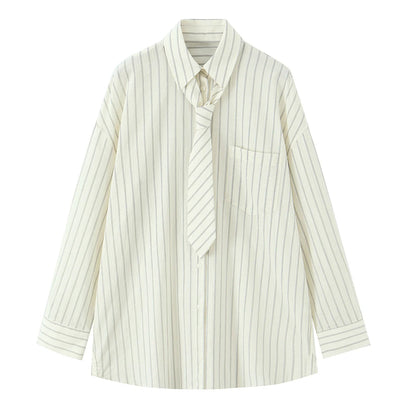 2025 autumn new women's casual fashion temperament loose versatile striped tie lapel long-sleeved shirt top